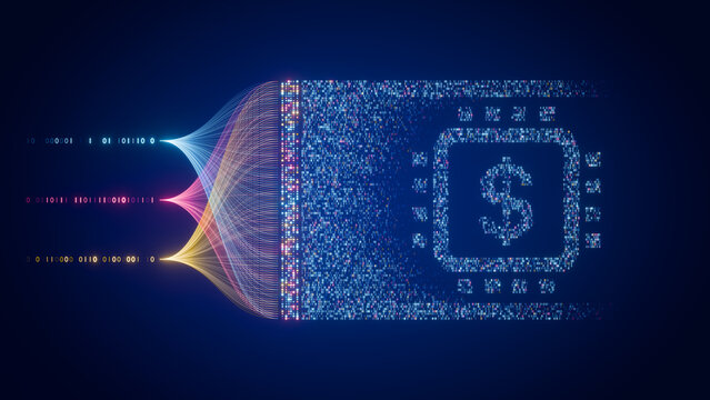 AI fintech automation and data flow transforming digital finance and global economy. Artificial intelligence enabling innovative financial technology solutions.