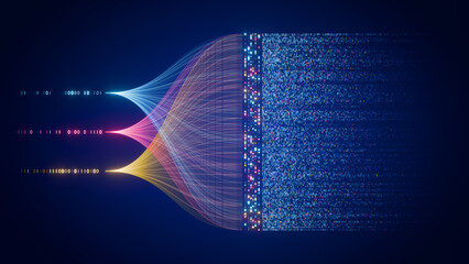 Artificial intelligence neural network processing big data streams, abstract digital data flow, process automation and analytics technology background. Innovation and digital transformation.