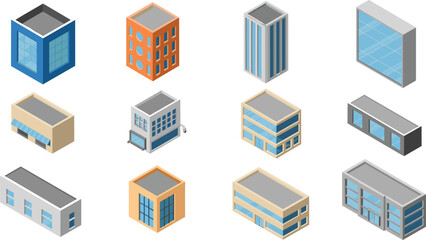 Set of 12 isometric 3D building icons, modern commercial and residential architecture collection for city design projects © Miss