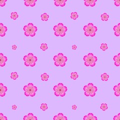 Naklejka premium Seamless cherry blossom pattern with pink sakura flowers on light purple background, traditional japanese floral vector ornament for textile, wallpaper, fashion apparel and greeting card design.
