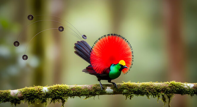 Magnificent King Bird of Paradise Perched on Mossy Branch