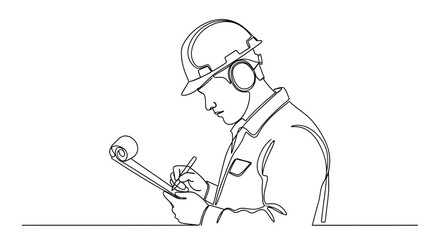 Obraz premium Continuous line drawing of a construction worker with hard hat and headphones
