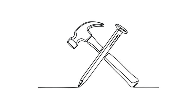 Single line drawing of a hammer and nail on white background