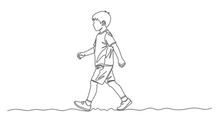 Fototapeta premium Boy walking forward, drawn in a simple single line style, childhood innocence