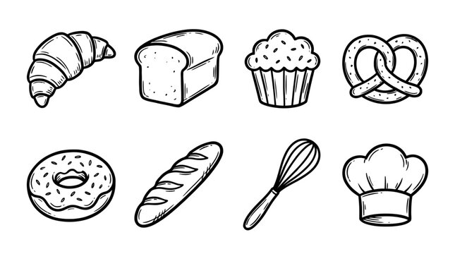 bakery, bold style black Hand drawn set collection , white background , vector isolate