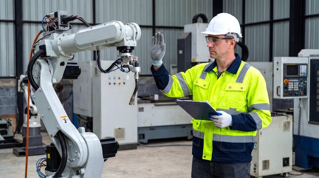 Engineer in safety vest and hard hat controlling industrial robotic arm in modern factory setting