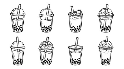 bubble tea, bold style black Hand drawn set collection , white background , vector isolate