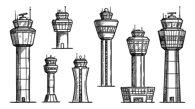 control tower, bold style black Hand drawn set collection , white background , vector isolate