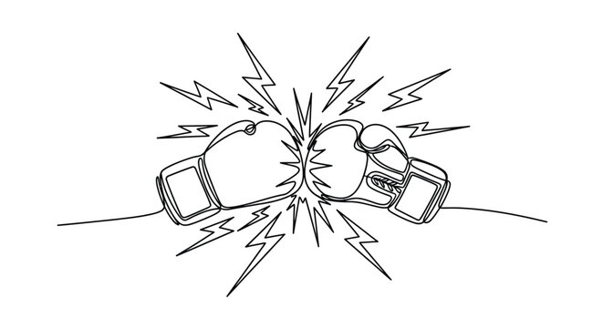 Single continuous line drawing of boxing gloves clashing with lightning.