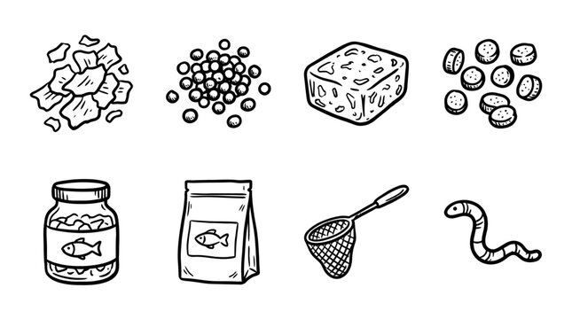 fish food, bold style black Hand drawn set collection , white background , vector isolate