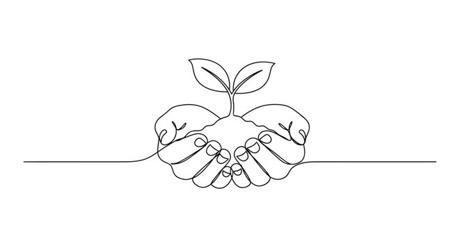 Single continuous line drawing of hands holding a growing plant, nature care.