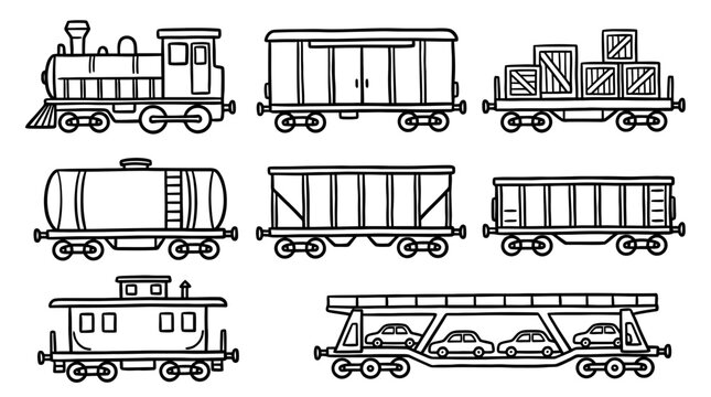freight train, bold style black Hand drawn set collection , white background , vector isolate
