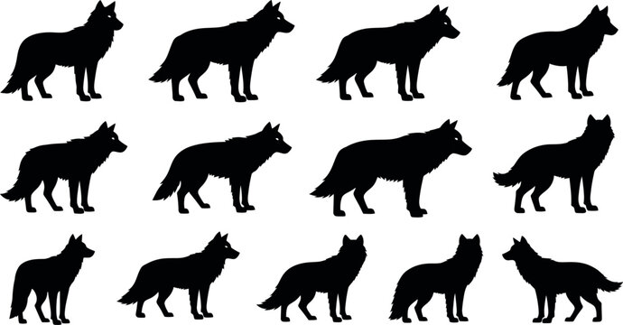 Collection of wolf silhouettes in various poses and profiles