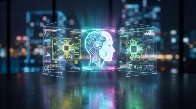 A futuristic illustration of a human head with glowing circuitry and microchips in a neon-lit cityscape at night