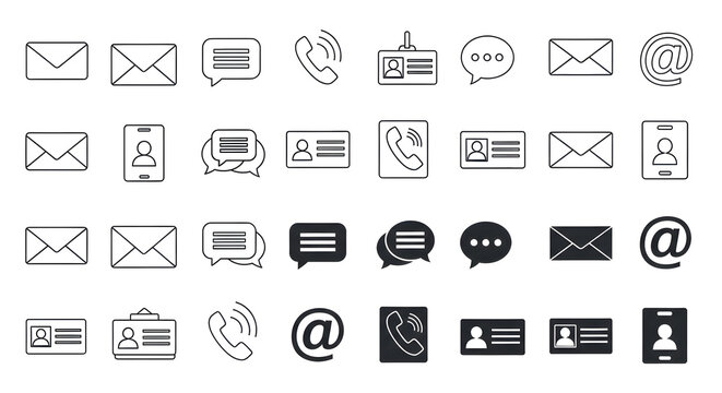 Contact information icons collection including email message telephone call business card id badge and at symbol for corporate communication web design project mobile app user interface needs