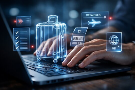 Booking flights and managing online travel reservations efficiently, a hand using laptop keyboard with suitcase floating icon and departure symbols glowing above the screen.