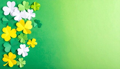 Paper shamrocks scattered on green gradient background