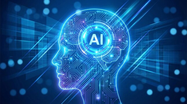 A futuristic illustration of a human head with a glowing blue circuit board and AI logo inside, representing artificial intelligence and technology.