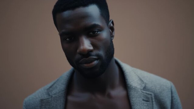 Stylish Young Black Man Wearing a Blazer With Bare Chest, Looking Directly Into the Camera, Close-Up Portrait