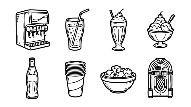 soda fountain, bold style black Hand drawn set collection , white background , vector isolate