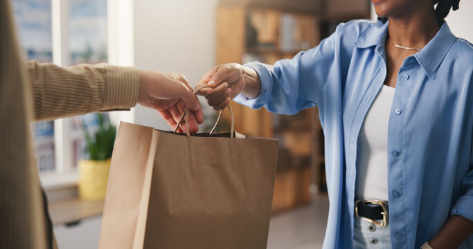 Hands, paper bag and people in boutique, employee and discount deal with purchase. Business owner, consumer and customer in store, giving and retail for shopping spree, spending and buying products