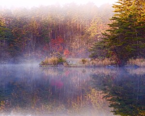福島県美しい毘沙門沼秋の風景