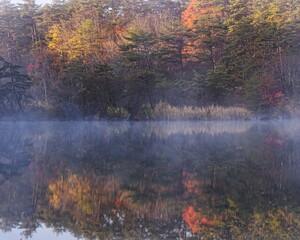 福島県美しい毘沙門沼秋の風景