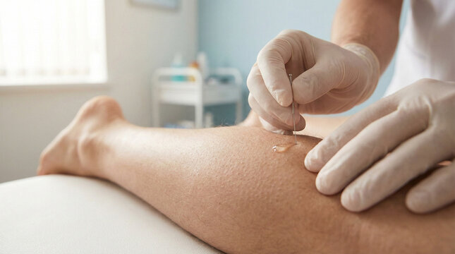 Medical Professional Performing Dry Needling on Patient Calf Muscle
