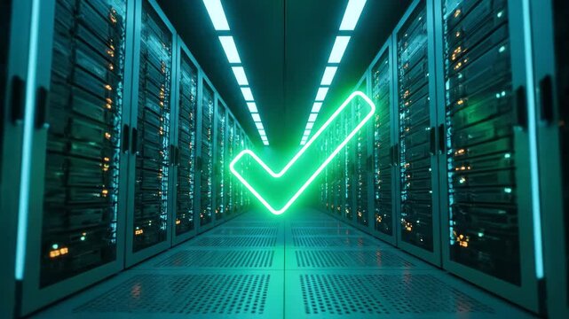 A dark, futuristic data center aisle lined with glowing server racks illuminated by blue neon lights. A vibrant green check mark hovers in the center, symbolizing successful operation or approval.