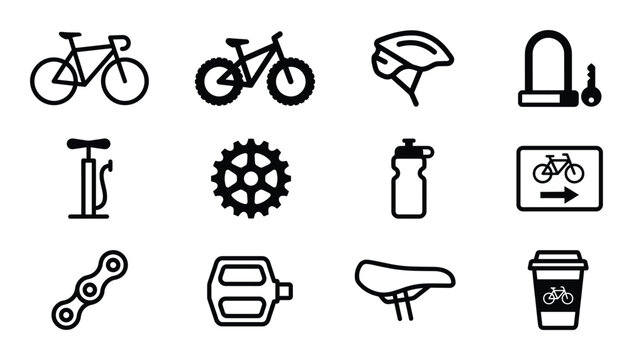 Bicycle accessories icons set representing equipment for cycling activity and spare parts for a bike