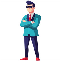 Obraz premium A confident businessman standing with arms crossed wearing sunglasses and formal attire in a professional setting from a frontal viewpoint