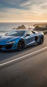 High performance sports coupe positioned on coastal highway overlooking ocean waves at sunset