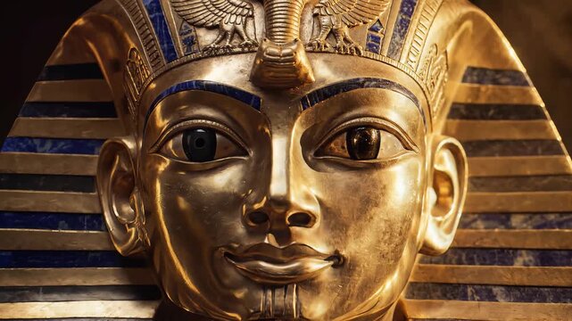 Golden sarcophagus of an Egyptian pharaoh with intricate hieroglyphics and lapis lazuli.