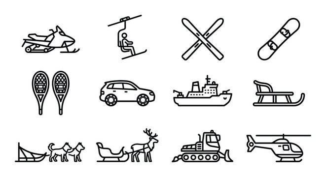 Different winter transport kind of vehicle in silhouette including snowmobile ski lift vector set