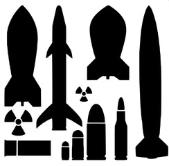 Obraz premium Black silhouette military missile launcher truck side view, multiple rockets mounted, vector illustration, white background