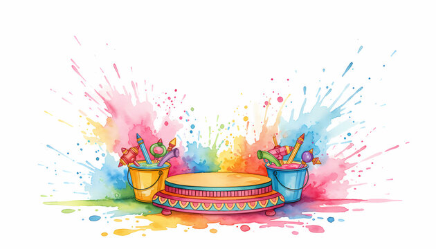 Colorful Holi festival podium background and Indian traditional vintage frame.