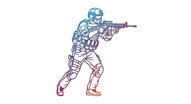 Soldier in tactical gear aiming rifle during combat operation illustration