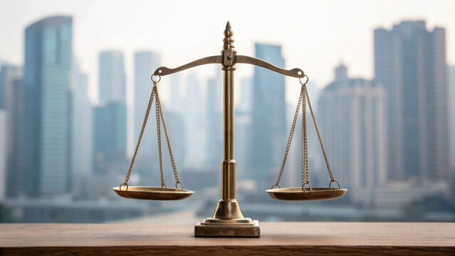 A brass balance scale sits on a wooden surface with a blurred city skyline in the background, symbolizing justice and fairness.