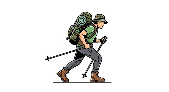 Hiker walking with trekking poles and backpack in outdoor environment, viewed from side
