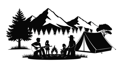 A group of people camping in front of a tent with mountains in the background isolated on white background, Vector © SILHUETTECHEMBER