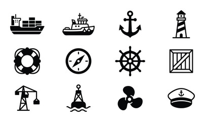 Maritime shipping and nautical industry icons set for sea transport logistics and marine navigation © GoDesigner