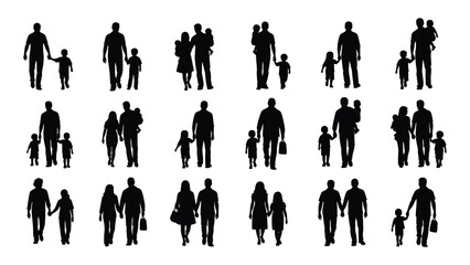 Diverse silhouettes of people standing and interacting in various group formations isolated on white background, Vector