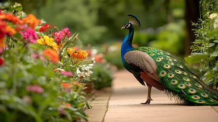 Obraz premium Peacock walking along garden path surrounded by vibrant flowers creates stunning scene of nature beauty