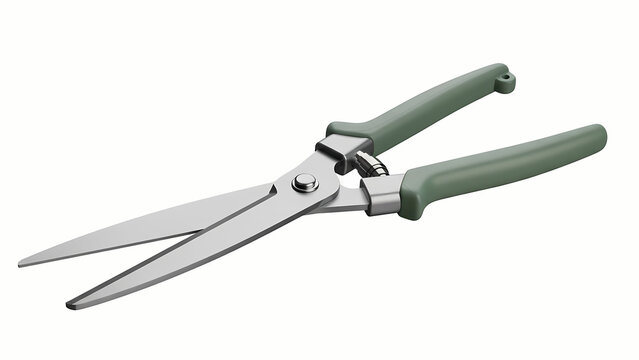 A pair of gardening shears with green handles on a white background