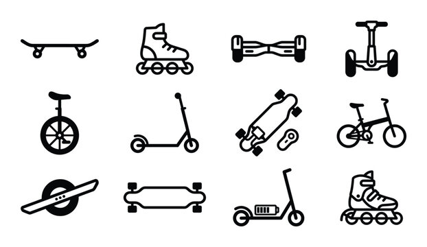 Set of personal transportation device icons representing skateboard roller skates hoverboard segway
