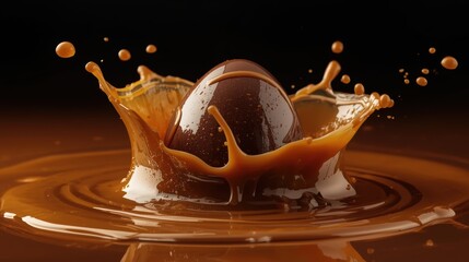 A rich chocolate sphere splashing into a creamy liquid pool with golden droplets