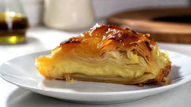 A golden-brown slice of traditional Greek bougatsa rests on a white ceramic plate on a speckled kitchen counter under bright daylight.