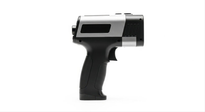Handheld thermal detector with sleek black and silver design, isolated on a clean white background, showcasing modern technology and ergonomic grip