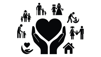 Hands cradling a heart symbolizing community and support with diverse icons around it. isolated on white background, Vector