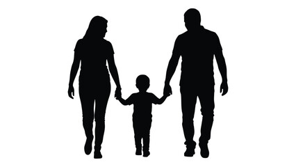 Silhouette of a family of three holding hands and walking together isolated on white background, Vector
